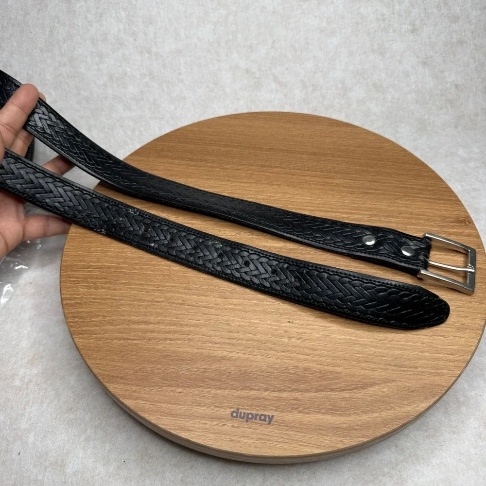 Mens Black Leather Belt Silver Buckle Embossed Woven Design‎ WELL WORN Size 36